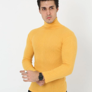 Erkek Kaşkorse Boğazlı Full Likralı Fitilli Body Kazak - Sarı