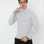 Erkek Kaşkorse Boğazlı Full Likralı Fitilli Body Kazak - Gri