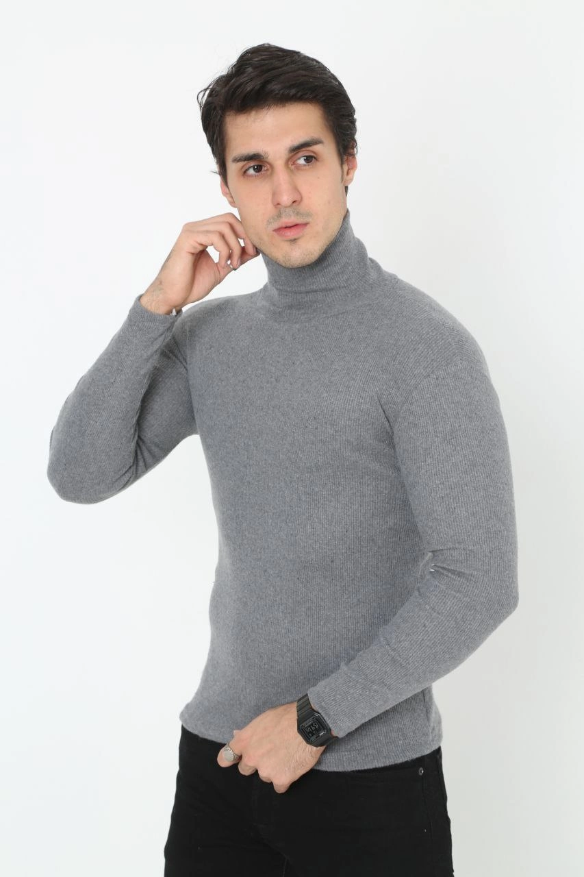 Erkek Kaşkorse Boğazlı Full Likralı Fitilli Body Kazak - Füme - Görsel 4