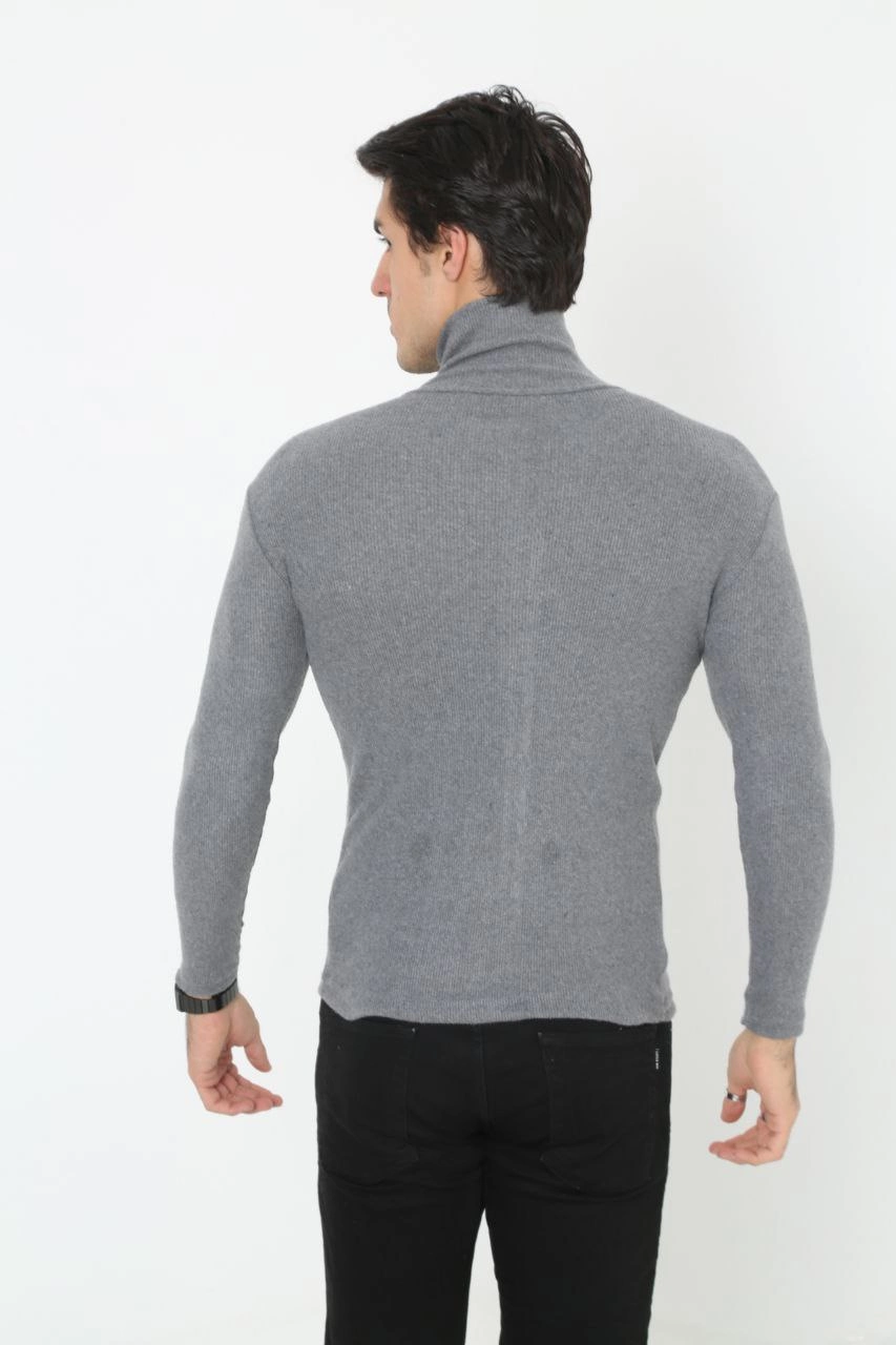 Erkek Kaşkorse Boğazlı Full Likralı Fitilli Body Kazak - Füme - Görsel 2