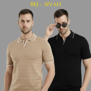 Erkek 2’li Paket Triko Yakalı Düğmesiz Açık Yaka Fitilli Kısa Kollu Regular - Bej & Siyah