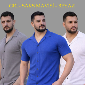 Erkek Waffle Dokuma Açık Yakalı Düğmeli Regular Kalıp 3’lü Gömlek Seti - Gri, Saks Mavisi, Beyaz