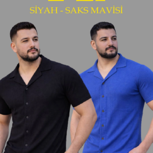 Erkek Waffle Dokuma Açık Yakalı Düğmeli Regular Kalıp 2’li Gömlek Seti - Siyah & Saks Mavisi