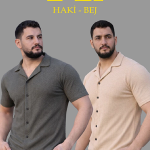 Erkek Waffle Dokuma Açık Yakalı Düğmeli Regular Kalıp 2’li Gömlek Seti - Haki & Bej