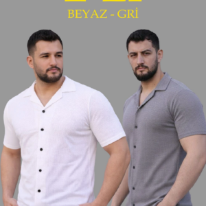 Erkek Waffle Dokuma Açık Yakalı Düğmeli Regular Kalıp 2’li Gömlek Seti - Beyaz & Gri
