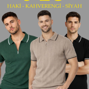 Erkek 3’lü Paket Dokuma Triko Fermuarlı Yakalı Fitilli Kısa Kollu Regular Fit Tişört -