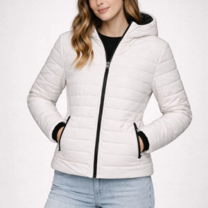 Kadın Şişme Kapüşonlu Fermuarlı Mont Su itici Kapitone Astarlı Cepli Kalıp - Krem