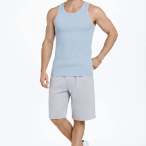 Erkek Fitilli Atlet Sıfır Yaka Slim Fit Arka Baskılı Spor Atlet - Bebe Mavisi