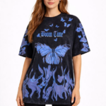 Kadın Asit Yıkamalı Oversize Tişört Mavi Kelebek Baskılı Dijital Print Bisiklet - Siyah