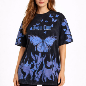 Kadın Asit Yıkamalı Oversize Tişört Mavi Kelebek Baskılı Dijital Print Bisiklet - Siyah