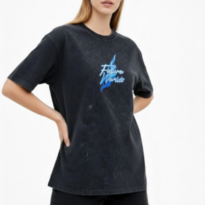 Kadın Asit Yıkamalı Oversize Tişört Future Worlds Baskılı Bisiklet Yaka Kısa Kollu - Siyah