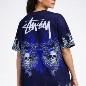 Kadın Lacivert Oversize Tişört Dragon & Kuru Kafa Baskılı Bisiklet Yaka T-Shirt - Lacivert