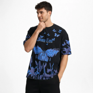 Erkek Asit Yıkamalı Oversize Tişört Mavi Kelebek Baskılı Dijital Print Bisiklet - Siyah