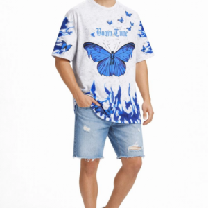 Erkek Asit Yıkamalı Oversize Tişört Mavi Kelebek Baskılı Dijital Print Bisiklet - Beyaz