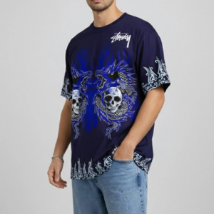 Erkek Lacivert Oversize Tişört Dragon Kuru Kafa Baskılı Bisiklet Yaka - Lacivert