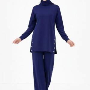 Osy Modal yumuşak dokulu Modern Tesettür Takım Yandan Metal Çıtçıtlı Uzun Tunik - Lacivert