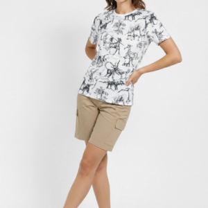 Kadın Beyaz Dinozor Desenli Tişört Regular Kalıp Bisiklet Yaka Dijital Baskılı - Beyaz