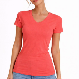 Kadın V Yaka Slim Fit Likralı Tişört - Nar Çiçeği