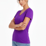 Kadın V Yaka Slim Fit Likralı Tişört - Mor