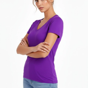 Kadın V Yaka Slim Fit Likralı Tişört - Mor