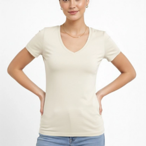 Kadın V Yaka Slim Fit Likralı Tişört - Taş