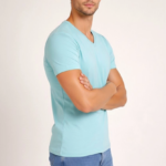 Erkek V Yaka Slim Fit dar kesim Likralı Tişört - Turkuvaz