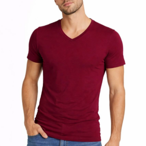 Erkek V Yaka Slim Fit dar kesim Likralı Tişört - Bordo