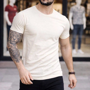 Erkek Bisiklet Yaka Slim Fit dar kesim Likralı Tişört - Taş