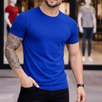 Erkek Bisiklet Yaka Slim Fit dar kesim Likralı Tişört - Saks Mavisi