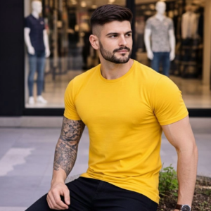 Erkek Bisiklet Yaka Slim Fit dar kesim Likralı Tişört - Sarı