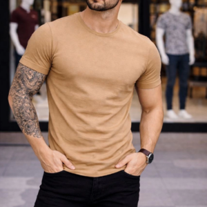 Erkek Bisiklet Yaka Slim Fit dar kesim Likralı Tişört - Kahverengi