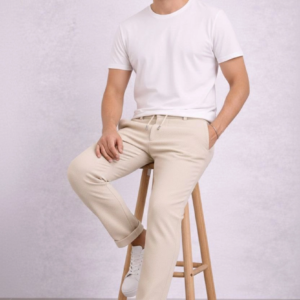 Erkek Diagonel Mikro dokulu Duble Paça Cepli Pantolon Bağcıklı Bel, Modern Kesim - Krem