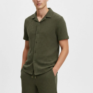 Erkek Waffle Kısa Kollu Gömlek Şort Takım Regular Fit İkili Set - Haki