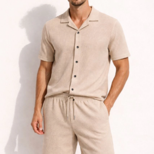Erkek Waffle Kısa Kollu Gömlek Şort Takım Regular Fit İkili Set - Bej