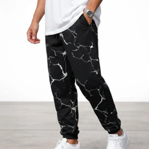 Erkek Dijital Baskılı Eşofman Altı Üç İplik Şardonlu Lastikli Paça Cepli Kalıp - Siyah