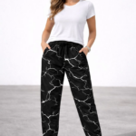 Kadın Dijital Baskılı Eşofman Altı Üç İplik Şardonlu Lastikli Paça Cepli Kalıp - Siyah