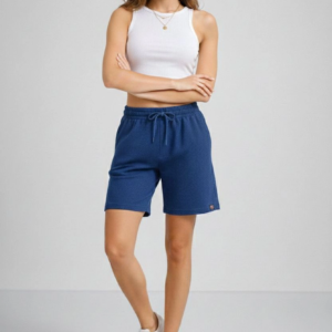 Kadın Dokuma otoban Şort Beli Lastikli Bağcıklı Cepli Kesim Şort - İndigo