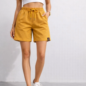 Kadın Dokuma otoban Şort Beli Lastikli Bağcıklı Cepli Kesim Şort - Hardal