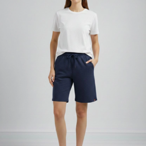 Kadın Dokuma otoban Şort Beli Lastikli Bağcıklı Cepli Kesim Şort - Lacivert