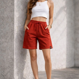 Kadın Dokuma otoban Şort Beli Lastikli Bağcıklı Cepli Kesim Şort - Turuncu