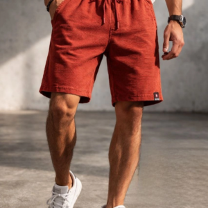 Erkek otoban Dokuma Şort Beli Lastikli Bağcıklı, Cepli, Rahat Kesim Günlük Yazlık Şort - Turuncu