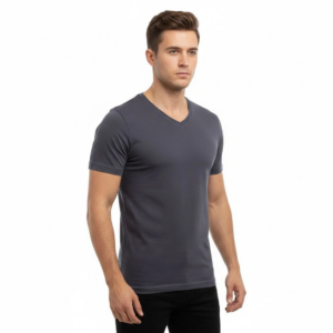 Erkek T-Shirt V Yaka Slim Fit dar kesim Likralı Tişört Günlük Basic Body - Füme