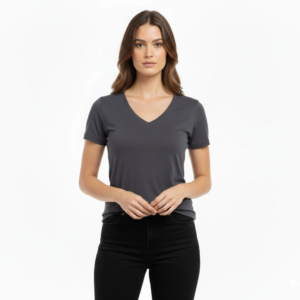 Kadın T-Shirt V Yaka Slim Fit Likralı Tişört Günlük Basic Body - Füme