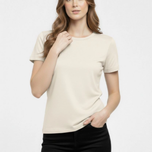 Kadın Bisiklet Yaka Slim Fit Likralı Tişört - Taş