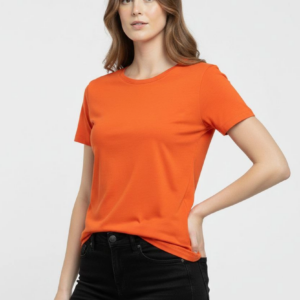 Kadın Bisiklet Yaka Slim Fit Likralı Tişört - Turuncu