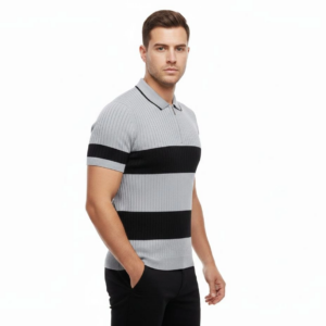 Erkek Çizgili Triko Dokuma Polo Yaka Yarım Fermuarlı Regular Kalıp Tişört - Gri