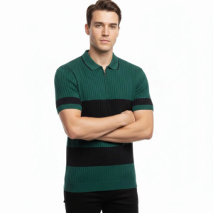 Erkek Çizgili Triko Dokuma Polo Yaka Yarım Fermuarlı Regular Kalıp Tişört - Çağla Yeşili