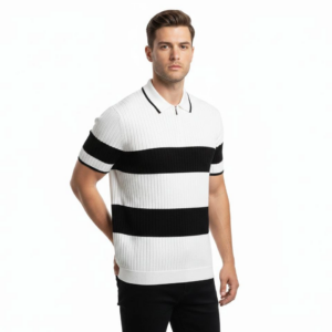 Erkek Çizgili Triko Dokuma Polo Yaka Yarım Fermuarlı Regular Kalıp Tişört - Beyaz