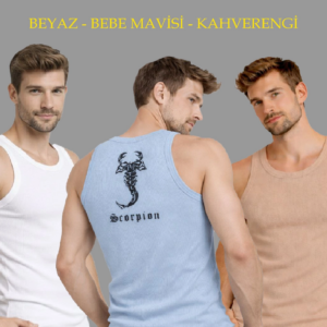 Erkek Spor Fitilli Atlet 3'lü Set Beyaz Bebek Mavisi Kahverengi Slim Fit Kaşkorse Arka