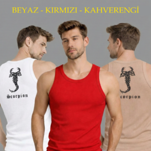 Erkek Spor Fitilli Atlet 3'lü Set Beyaz Kırmızı Kahverengi Slim Fit Kaşkorse Arka Baskılı